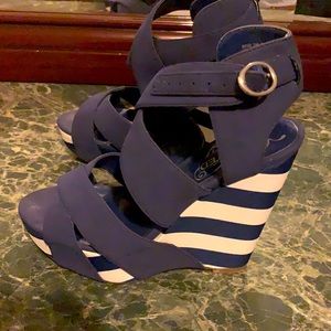 Unlisted Navy Blue Marine, open toe wedge heel.
